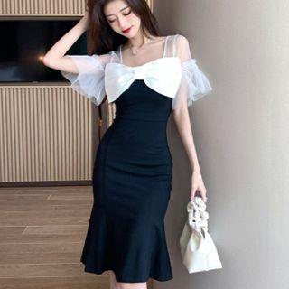 Bow Accent Flared-sleeve Sheath Dress