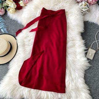 Plain Tie-waist Midi Skirt