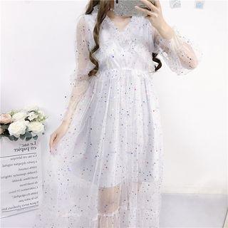 Long-sleeve Sequined Midi A-line Mesh Dress Dress - One Size