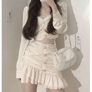Fluffy Panel Faux Pearl Cropped Blouse / Mini A-line Skirt