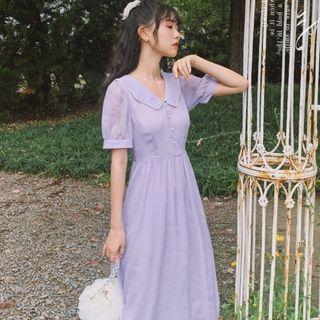 Short-sleeve Beaded Trim Midi A-line Dress