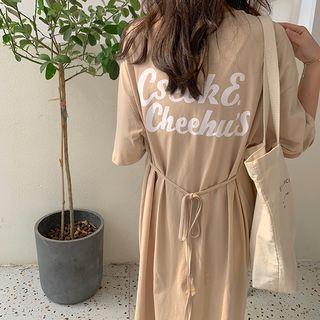 Lettering Elbow-sleeve Midi Split T-shirt Dress