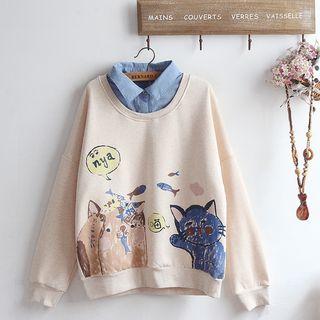 Mock Two-piece Cat Print Sweatshirt As Shown In Figure - One Size