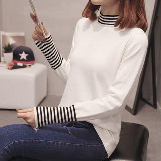 Long-sleeve Mock-neck Stripe-panel Knit Top