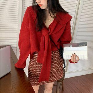 Tie-neck Sweater / Tweed Mini A-line Skirt