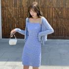 Sleeveless Plaid Mini Dress / Long-sleeve Plain Cardigan