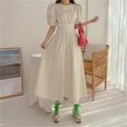 Puff-sleeve Band-waist Long Dress