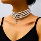 Alloy Cross Pendant Faux Pearl Layered Choker 1 Pc - 0766 - White Gold - One Size