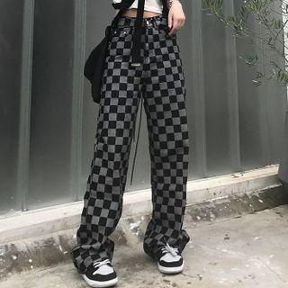 Plaid High-waist Wide-leg Jeans