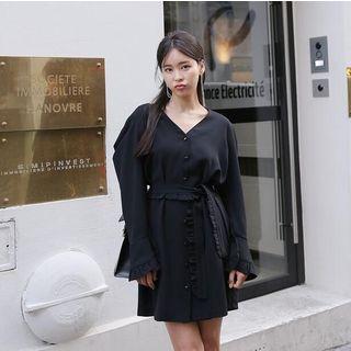 Long Balloon Sleeve Buttoned Dress With Sash