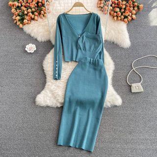 Set: V-neck Cardigan + Pencil Skirt + Bandeau Top