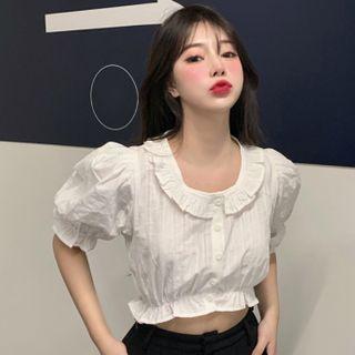 Short-sleeve Frill Trim Buttoned Crop Top White - One Size