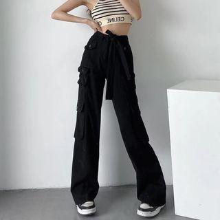 High Waist Plain Pocket Wide Leg Cargo Pants