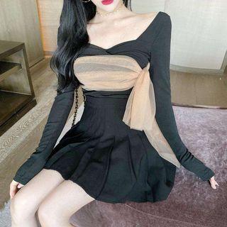 Long-sleeve Mesh Panel Slim Fit Dress Black - One Size