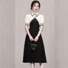 Set: Short-sleeve Contrast Trim Crop Shirt + Spaghetti-strap Midi A-line Dress