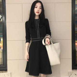 Bow-neck Contrast Stitch A-line Dress