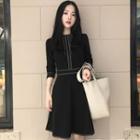 Bow-neck Contrast Stitch A-line Dress