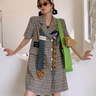 Short-sleeve Asymmetrical Plaid Blazer Dress