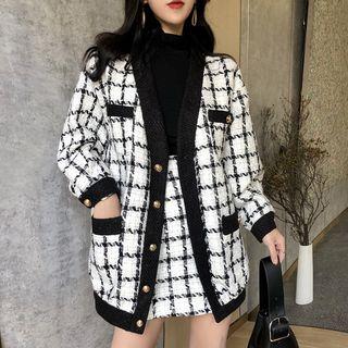 Set: Plaid Cardigan + A-line Skirt