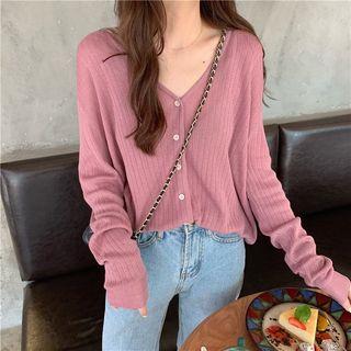 V-neck Plain Ribbed Knit Cardigan