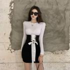 Long-sleeve Plain T-shirt / Lace-up Mini Pencil Skirt