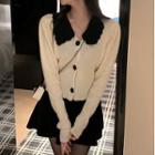 Long-sleeve Collared Button-up Knit Top / Mini A-line Skirt