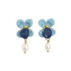 Fashion And Elegant Plated Gold Enamel Blue Flower Earrings With Imitation Pearls Golden - One Size