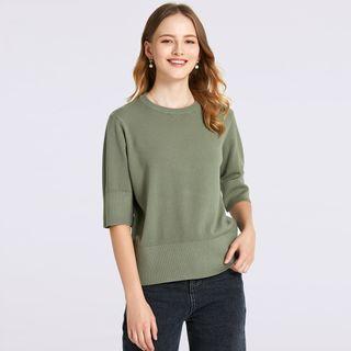 Elbow Sleeve Round Neck Plain Knit Top