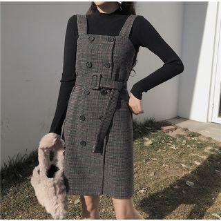Plaid Double-breasted Pinafore Dress
