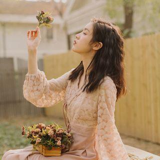 Traditional Chinese Long-sleeve Lace Midi Dress