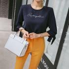 Tie Elbow-sleeve Lettering Crepe Top