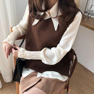 Set: Flared-cuff Blouse + Side-tie Knit Vest