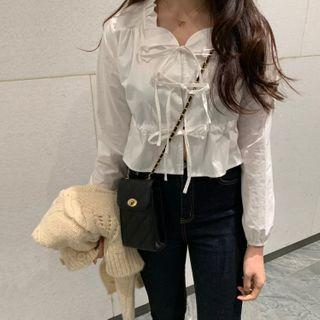 Ruffled Ribbon Blouse White - One Size