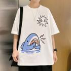 Elbow-sleeve Cartoon Shark Print T-shirt