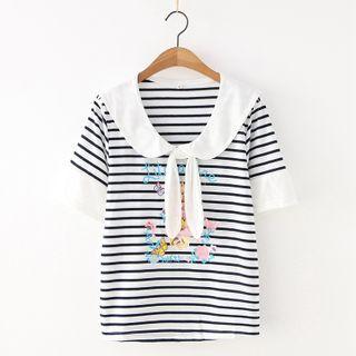 Tie-neck Striped Cartoon Print Elbow-sleeve T-shirt As Shown In Figure - One Size