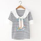 Tie-neck Striped Cartoon Print Elbow-sleeve T-shirt As Shown In Figure - One Size