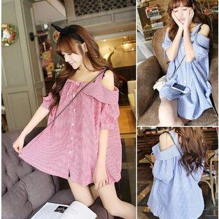 Off Shoulder Elbow-sleeve Check Blouse