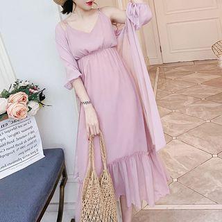 Set: Spaghetti-strap Midi Dress + Long Jacket