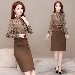 Long-sleeve Mock Two-piece Print Midi Dress