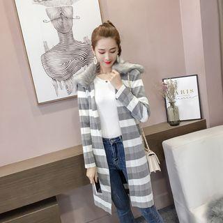 Faux Fur Trim Striped Open Front Long Cardigan