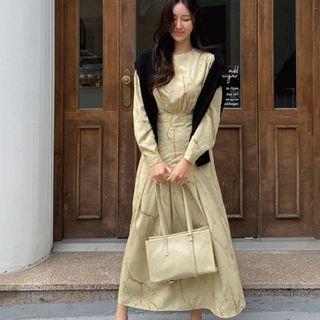 Marble-pattern Pleated Maxi Dress Yellow - One Size