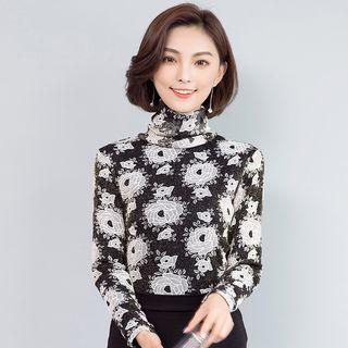 Turtleneck Printed Long-sleeve Top
