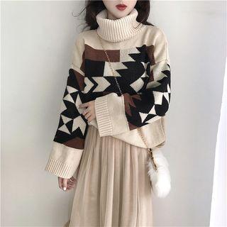 Turtleneck Geometric Pattern Chunky Sweater