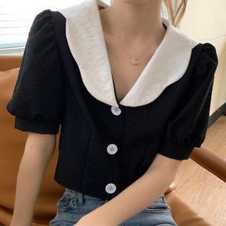Puff-sleeve Collared Button-up Knit Top