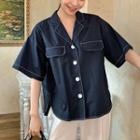 Short-sleeve Contrast Trim Shirt Navy Blue - One Size