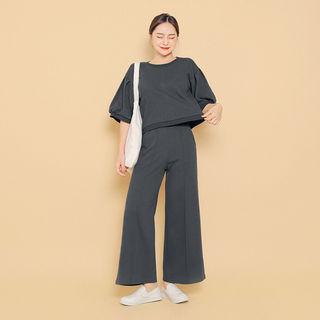 Set: Puff-sleeve Pullover + Band-waist Seam-detail Pants