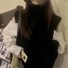 Color Block High-neck Off-shoulder Long-sleeve Sweater