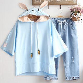 Set: Short-sleeve Rabbit Applique Hoodie + Drawstring Jeans