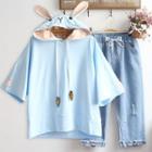 Set: Short-sleeve Rabbit Applique Hoodie + Drawstring Jeans