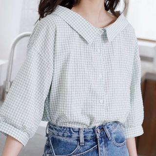 Plaid 3/4-sleeve Blouse Light Green - One Size